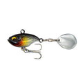 Metal plate fishing lure with rotating sequins shown in multiple colour options including zebra stripes and solid gold.