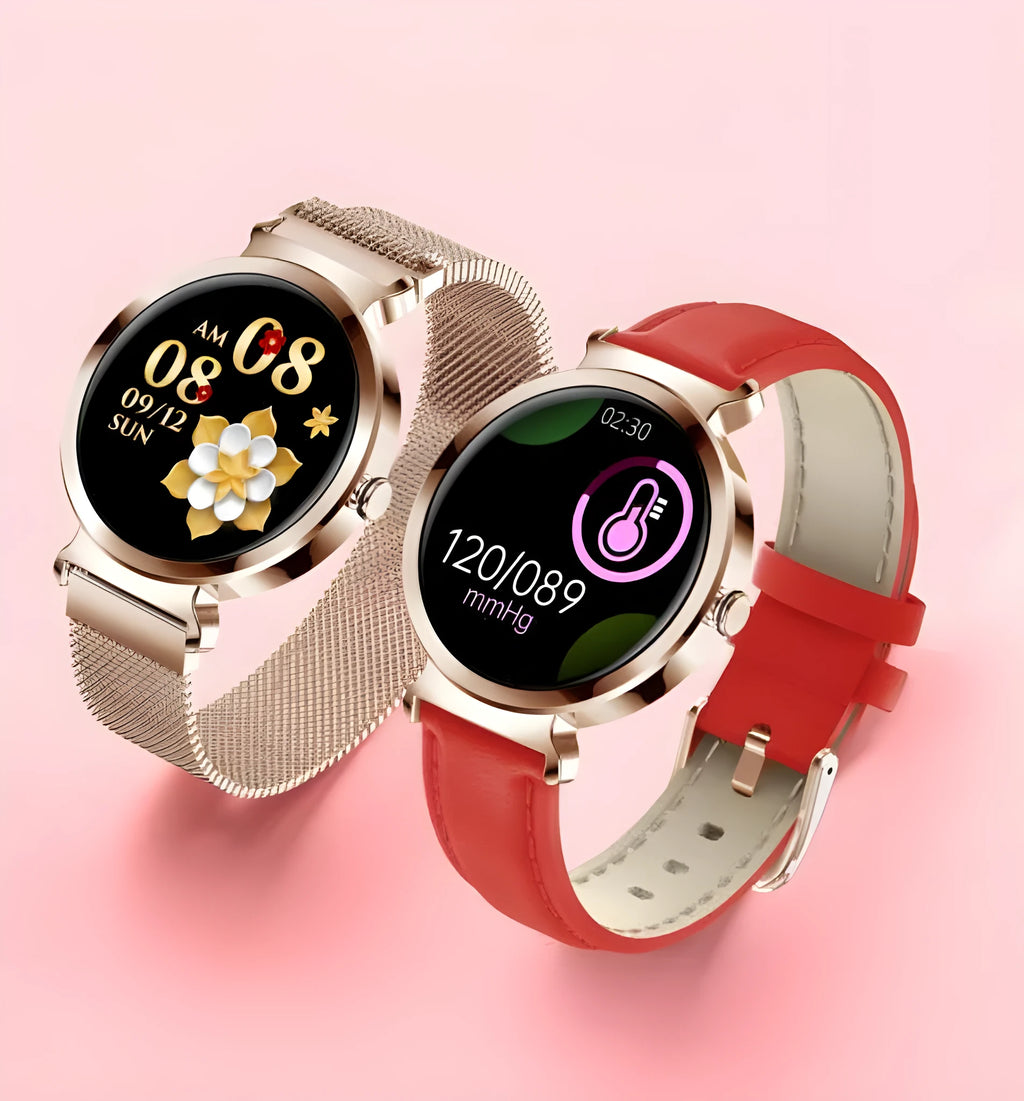 Zinc alloy smart bracelet for women with 1.28-inch colour screen on a silver strap.