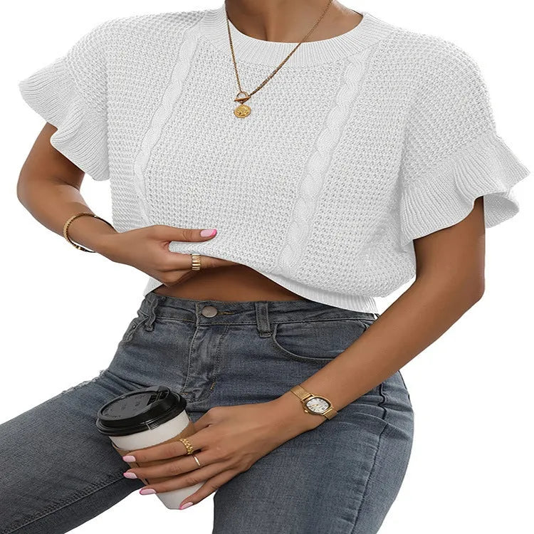 Knitted pullover sweater with ruffled short sleeves in Japanese Korean casual style