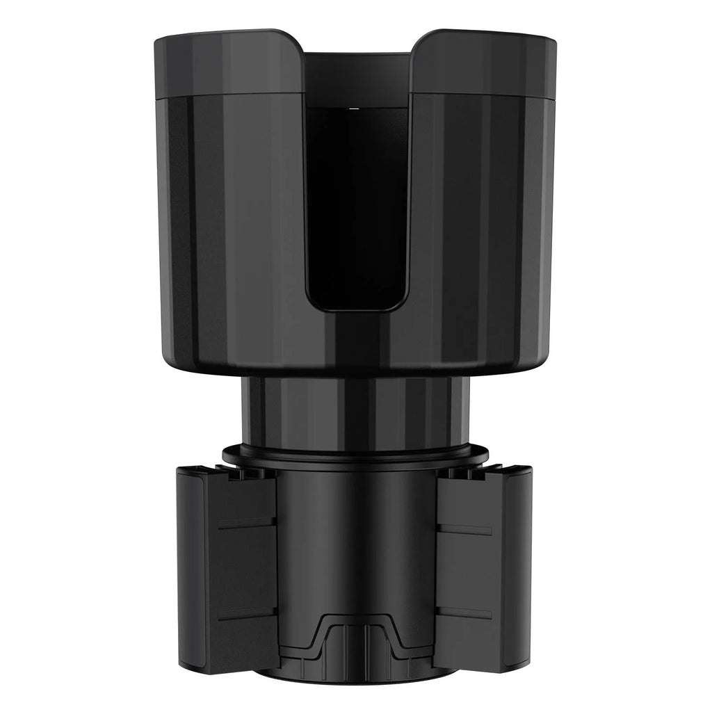 Matte black car cup holder expander with adjustable base for large bottles.