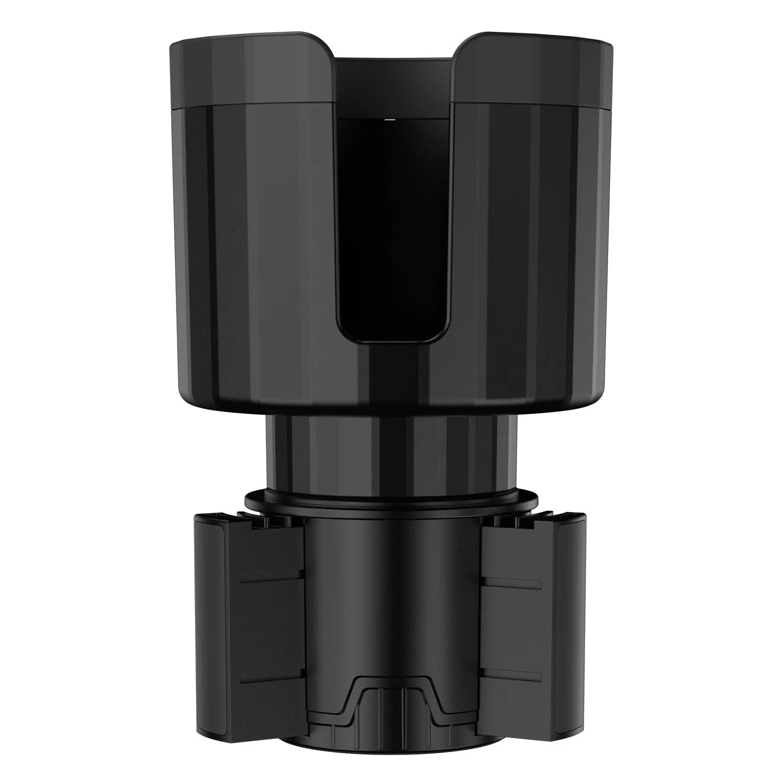 Matte black car cup holder expander with adjustable base for large bottles.