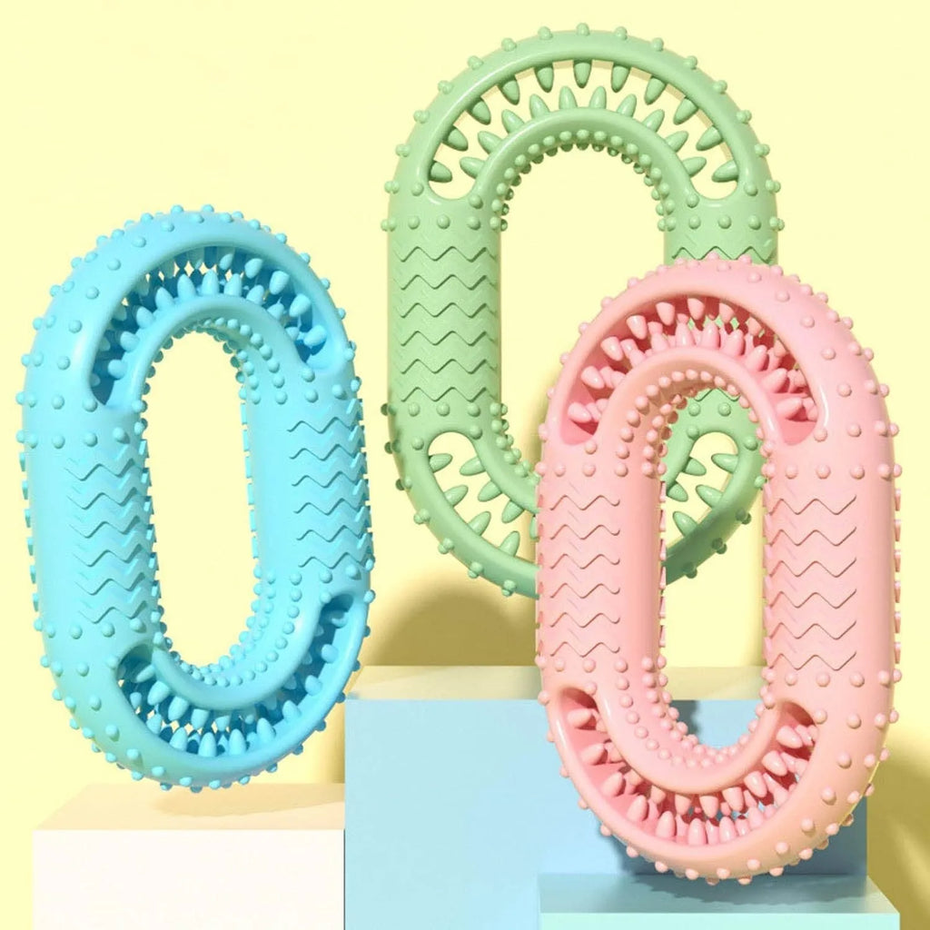 Blue o-ring shaped dog chewing toy for aggressive chewers and dental plaque reduction