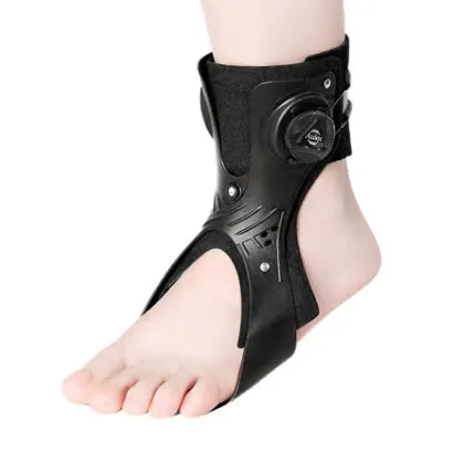 Grey and black ankle support brace with airbag button construction showing left and right versions