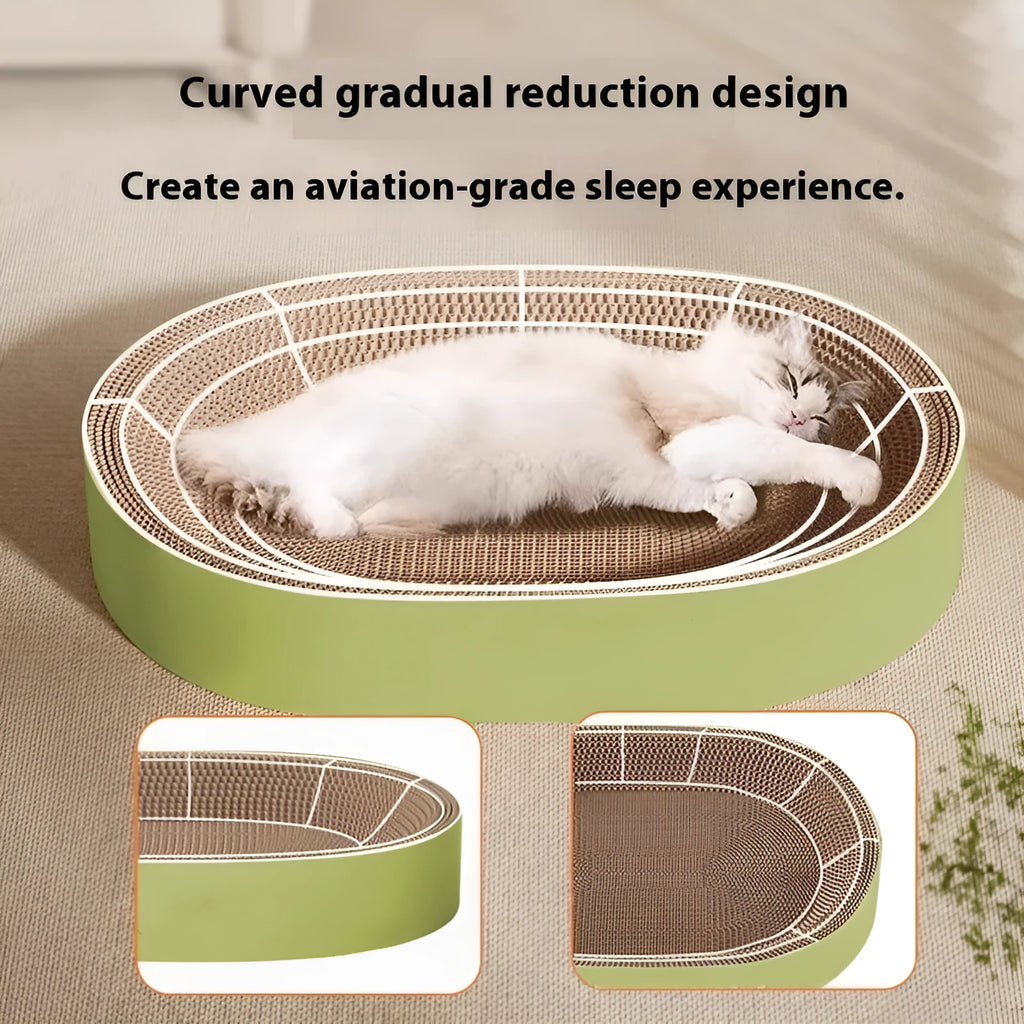 Green oval corrugated paper cat scratch board measuring 55 cm in diameter