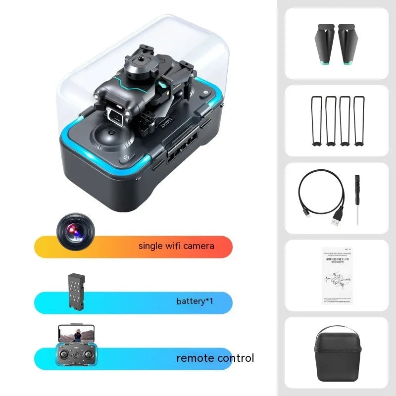 Black quadcopter drone with obstacle avoidance sensors and dual camera configuration for aerial photography