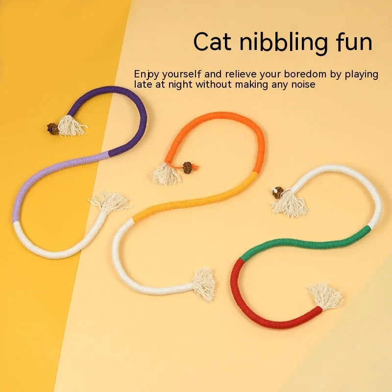 Cat bite rope toy in cotton thread with cat teaser stick, available in full orange absolute purple and traffic lights colours