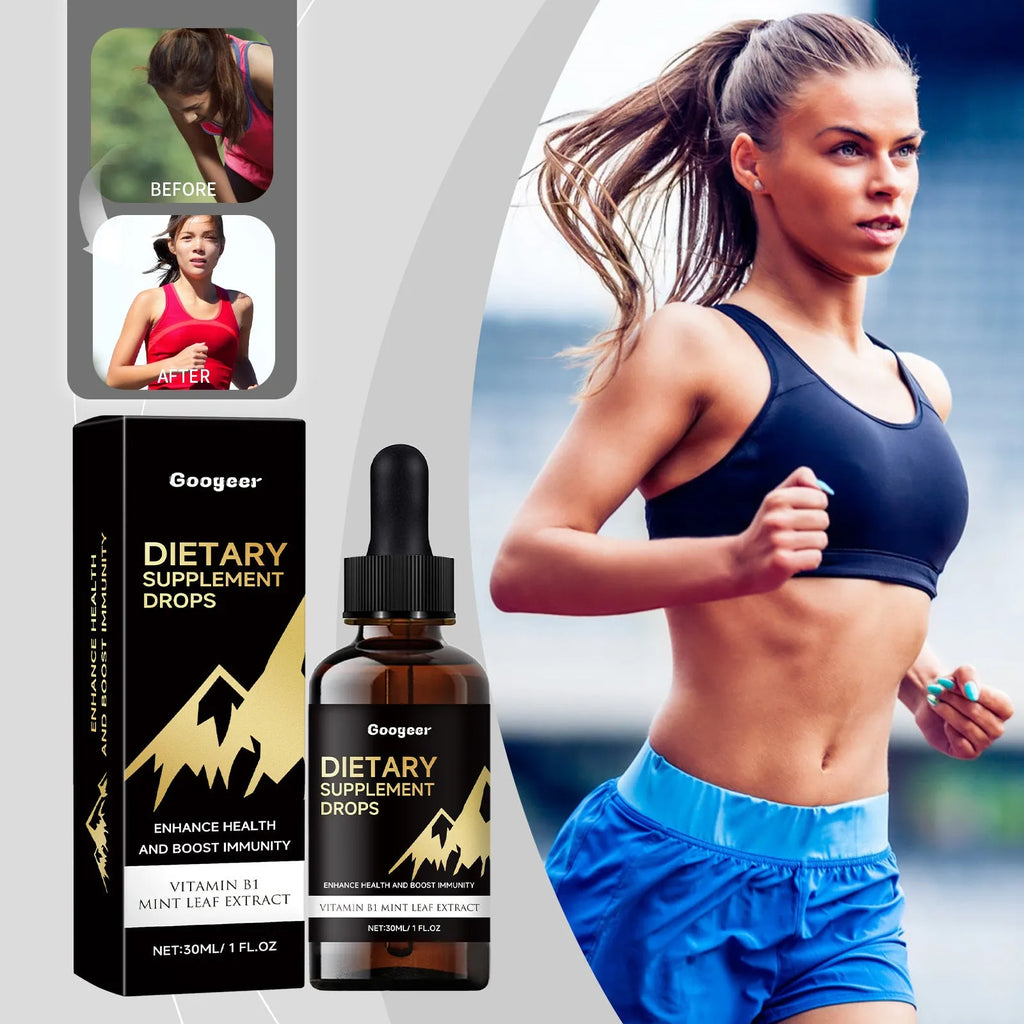 30ml clear bottle of liquid dietary supplement drops with a black dropper cap.