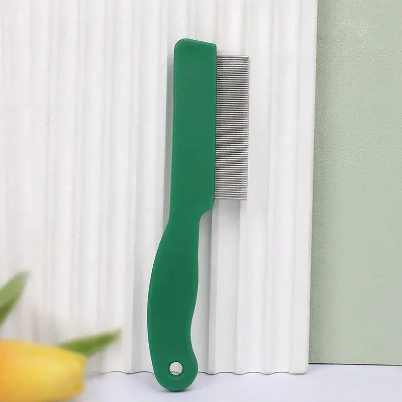 Green stainless steel pet flea comb with plastic handle for dog and cat grooming