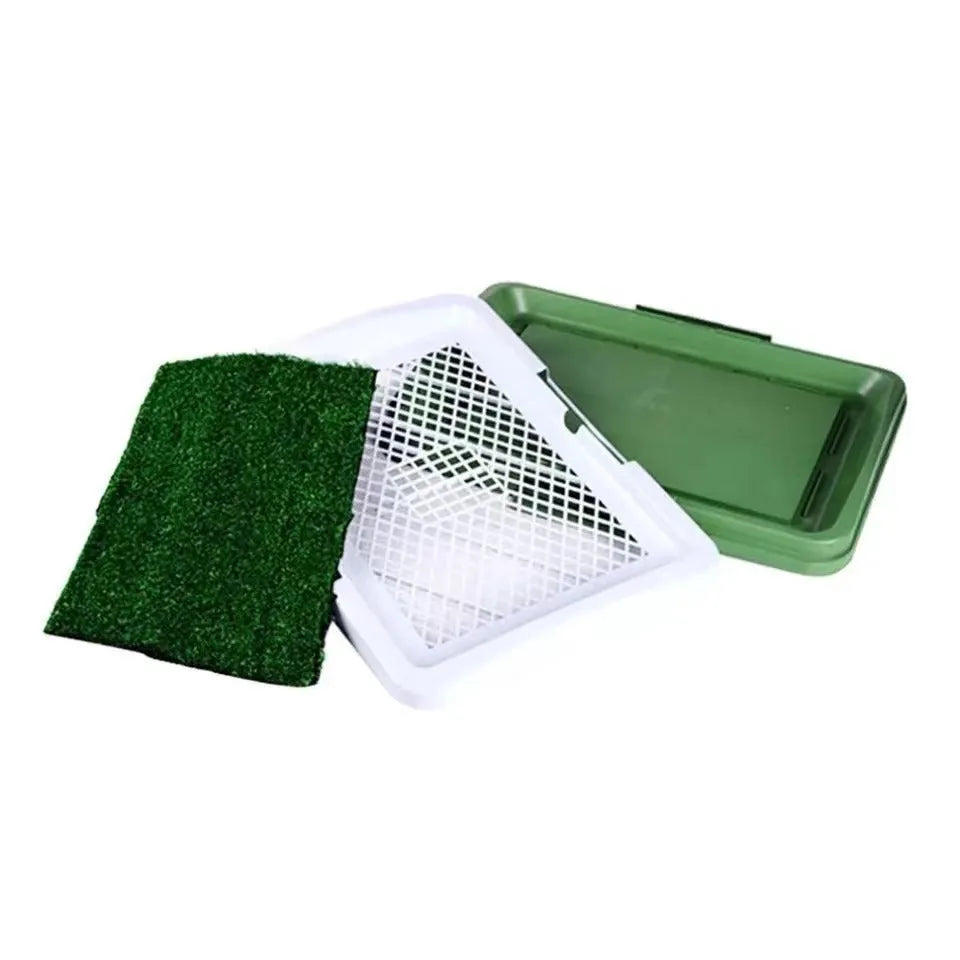 Green turf pet dog grass patch toilet with three layers and removable base tray for indoor potty training
