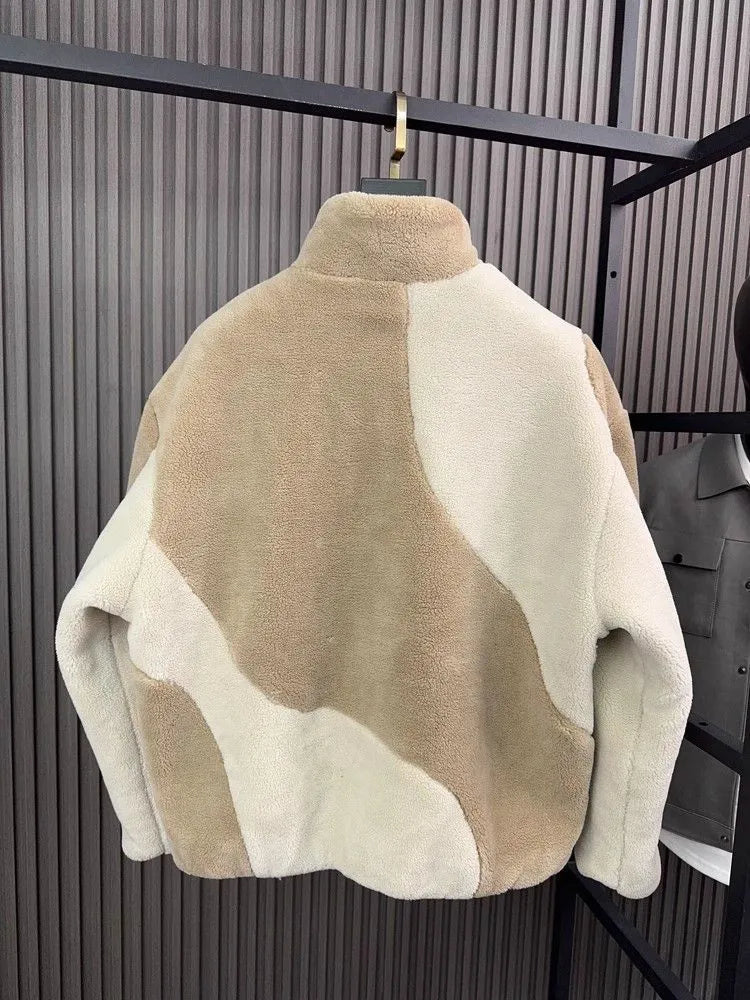 Men's khaki contrast collar standing coat polyester autumn winter front view