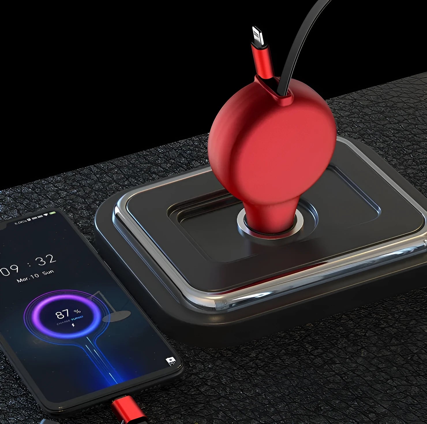 Black retractable car charger with extended cables plugged into a car socket