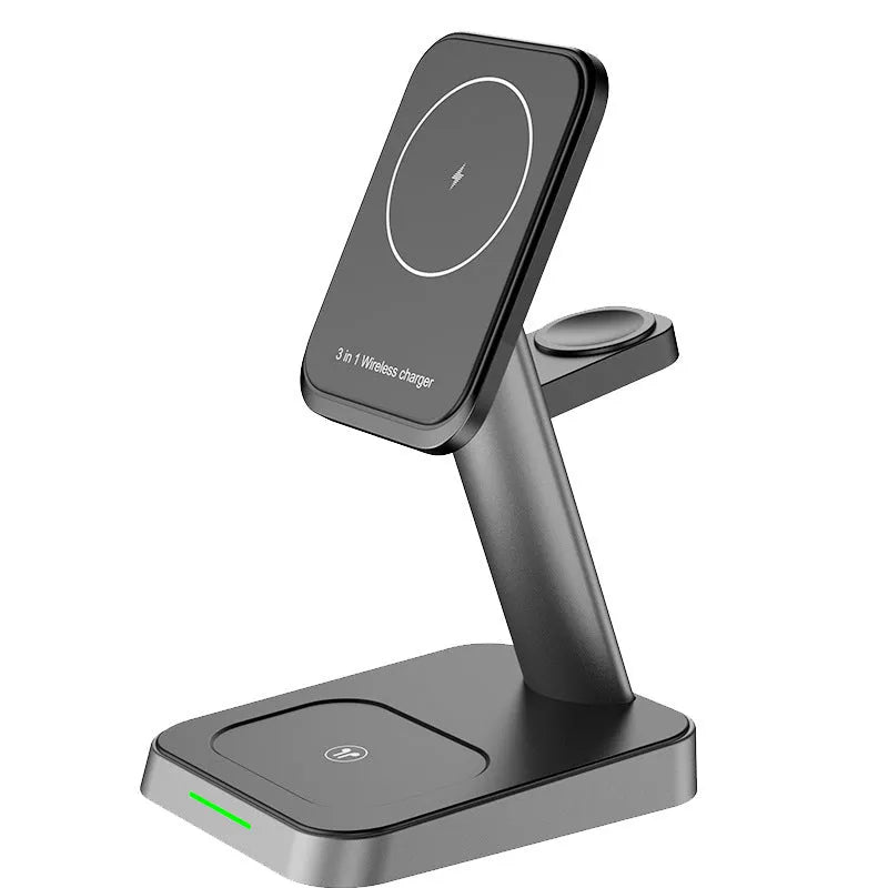 Black minimalist wireless charging station with smartphone charging surface and integrated smartwatch dock