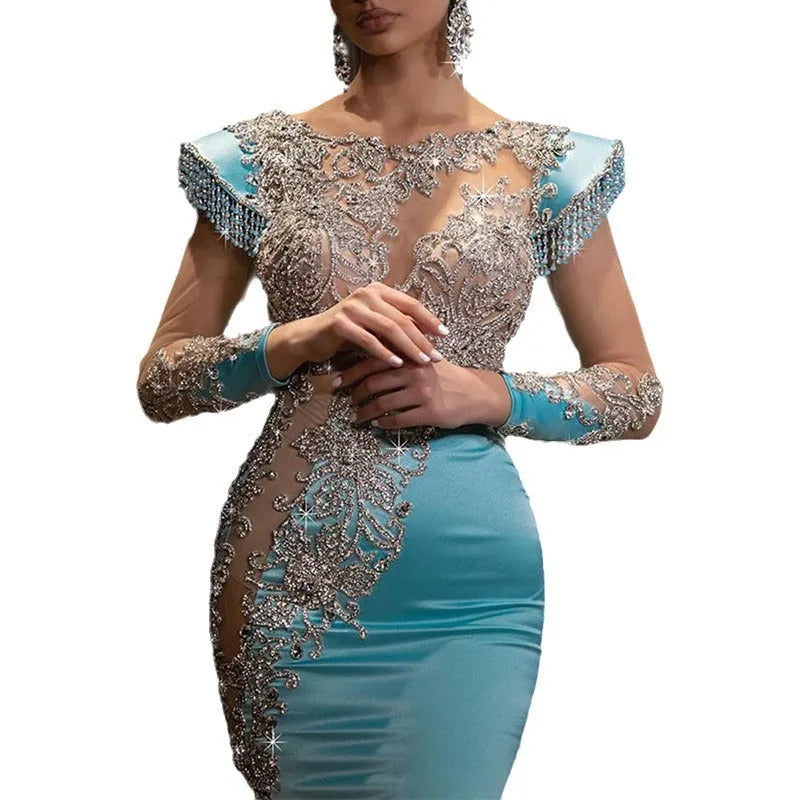 Light blue fishtail long evening dress with princess sleeves for women