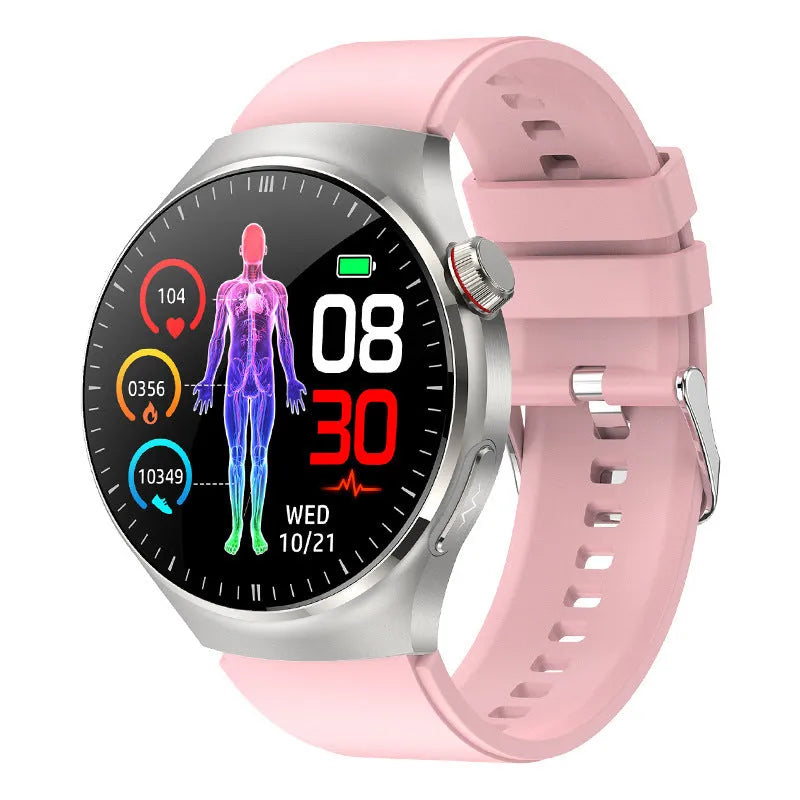 Bluetooth calling smart watch with AMOLED screen and black steel strap showing health monitoring features