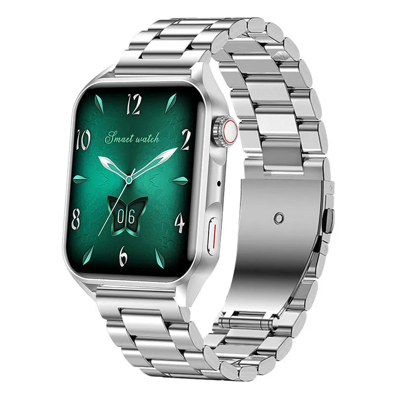 Smart watch with AMOLED display and silicone strap showing multiple watch face designs