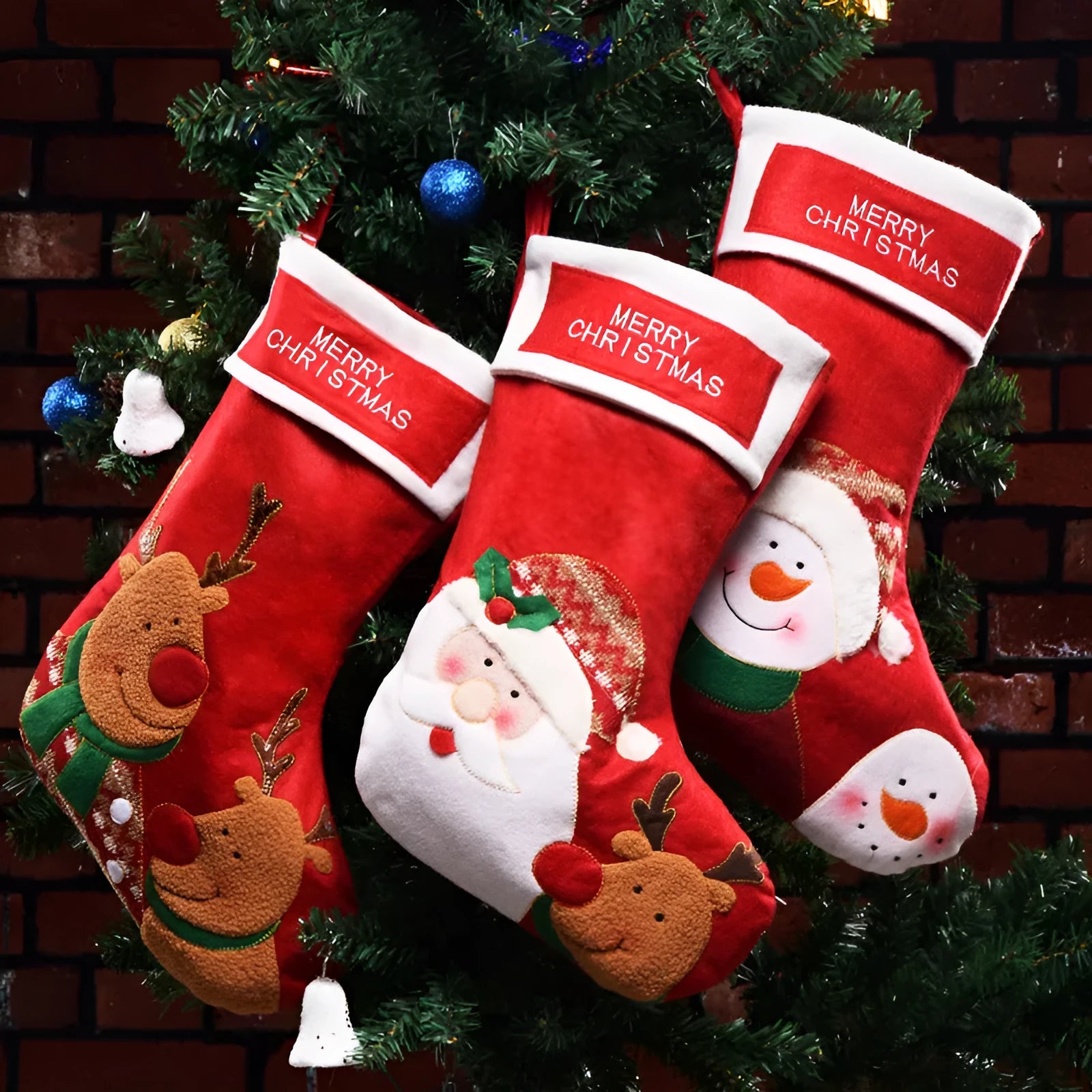 American style Christmas stocking in non-woven fabric featuring Elk, Old Man, or Snowman design for festive hanging decoration