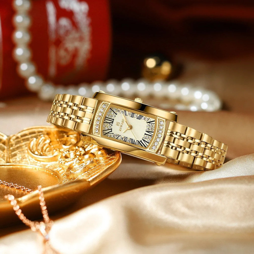 Women's square quartz wrist watch with white dial and gold metallic case