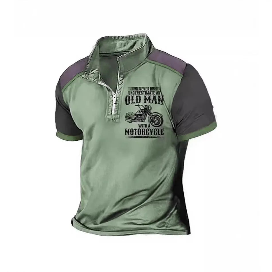 Men's casual polo shirt with lapel collar, digital letter printing, and zipper decorations on short sleeves.