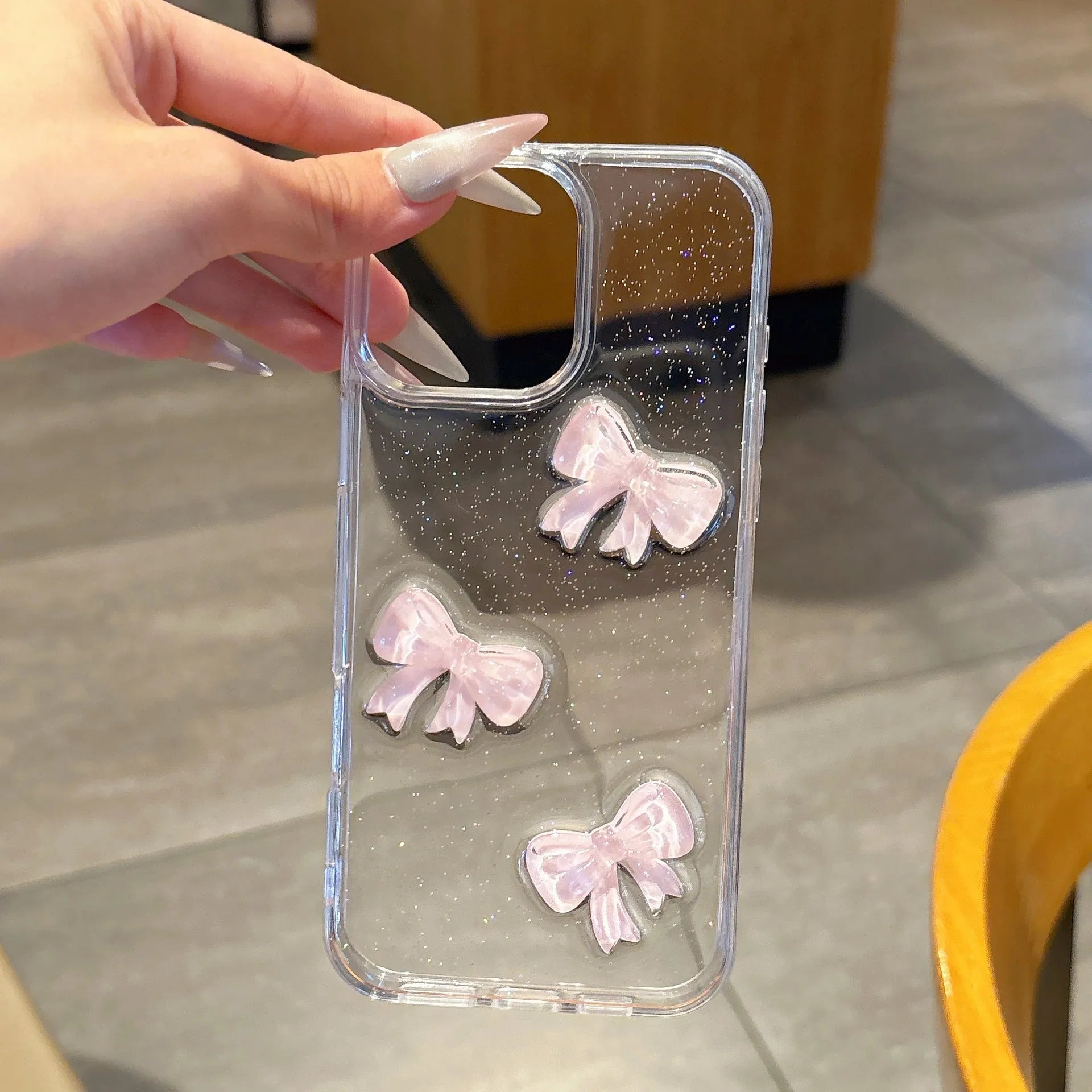 Pink bow knot epoxy transparent phone case with silicone bumper for iPhone