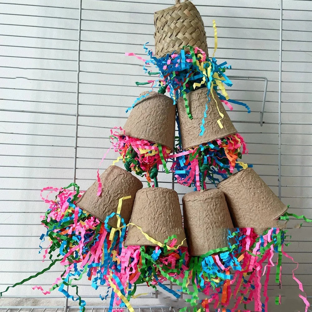 Parrot paper cup palm weaving gnawing toy hanging in cage with wood colour fibres