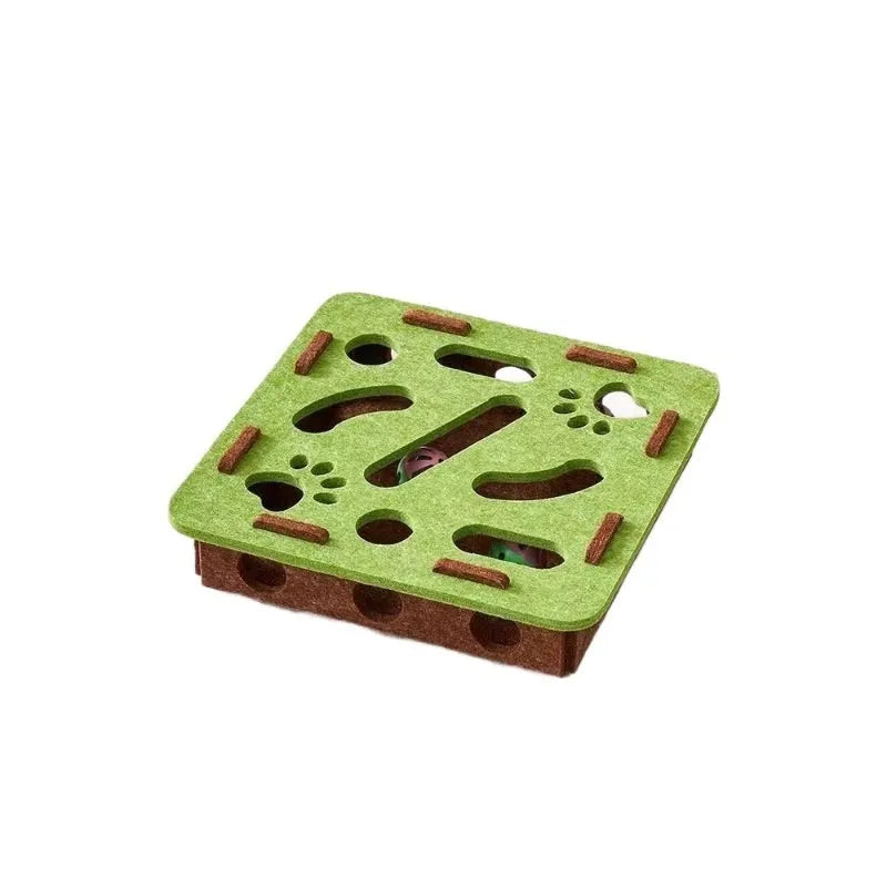 Green brown felt cat toy box with a hole for interactive play, measuring 30 cm square.