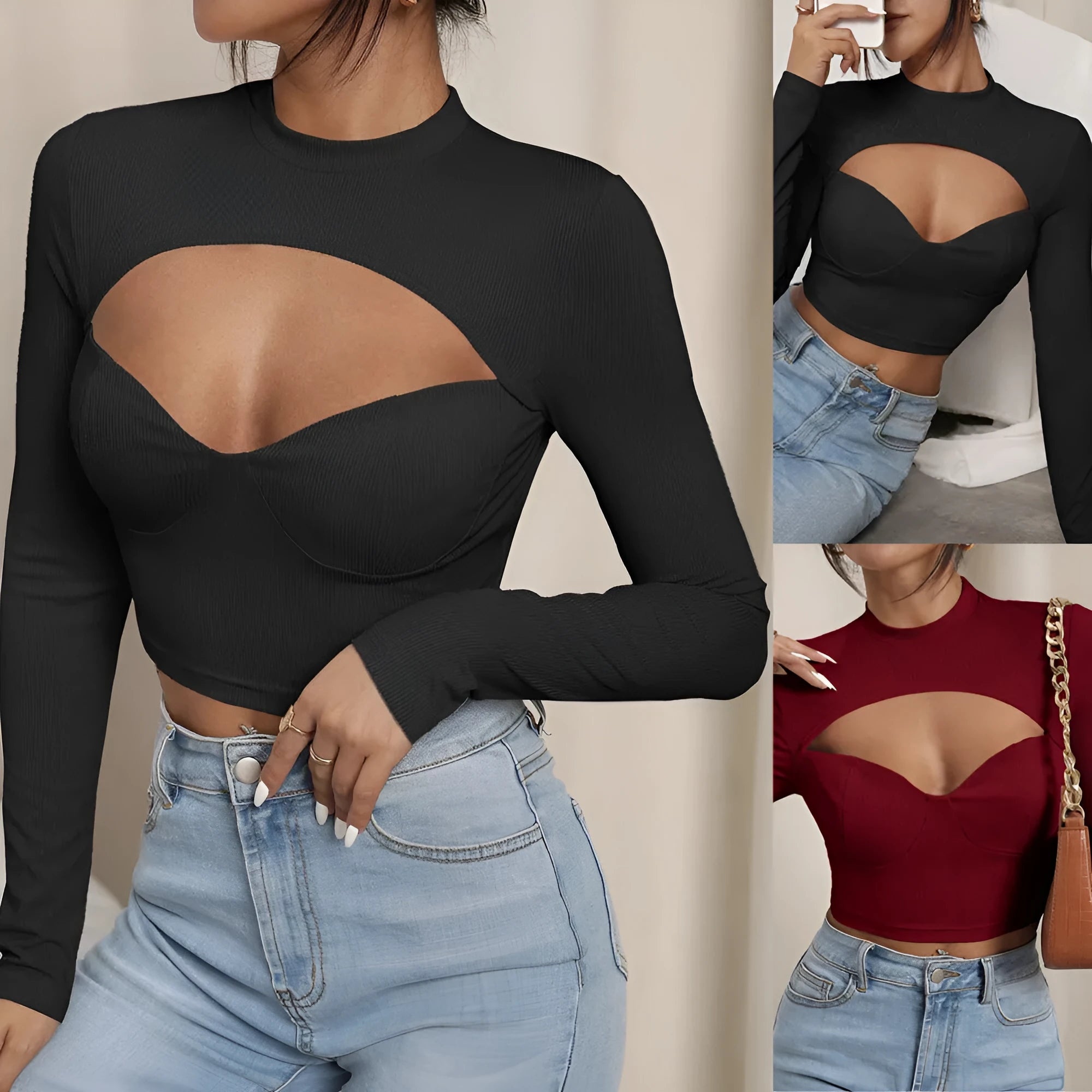 Women's slim-fit ribbed polyester top with high neck and hollow-out bust cup detail