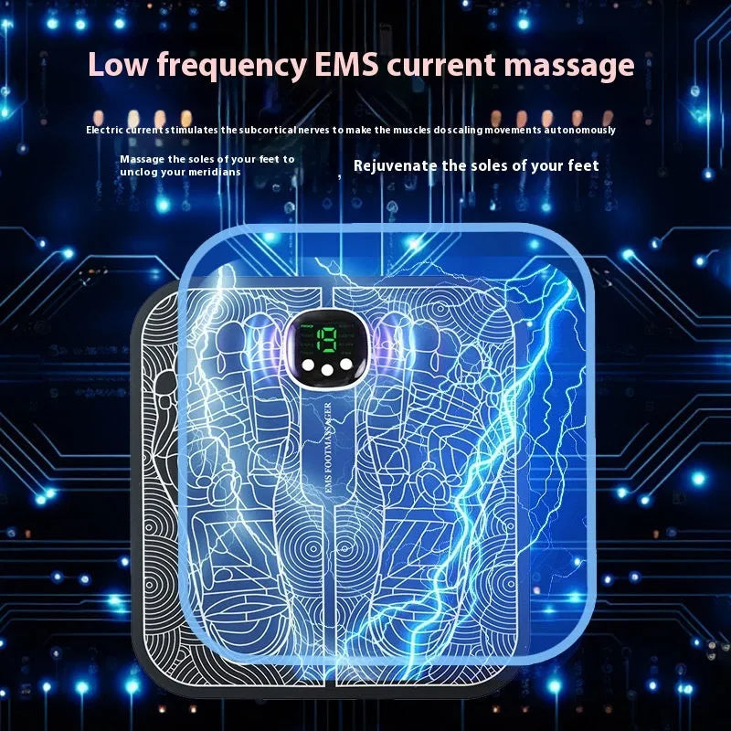 Blue rechargeable foot massager mat with remote control on a wooden floor.