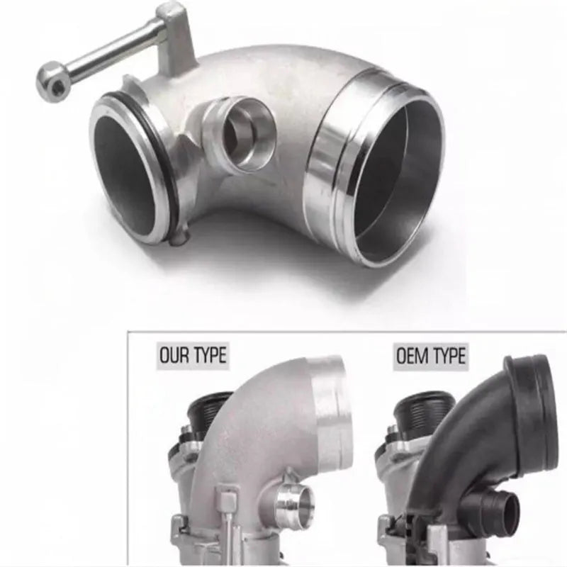 Aluminium alloy 90 degree turbocharger elbow pipe connector for lateral engine positioning
