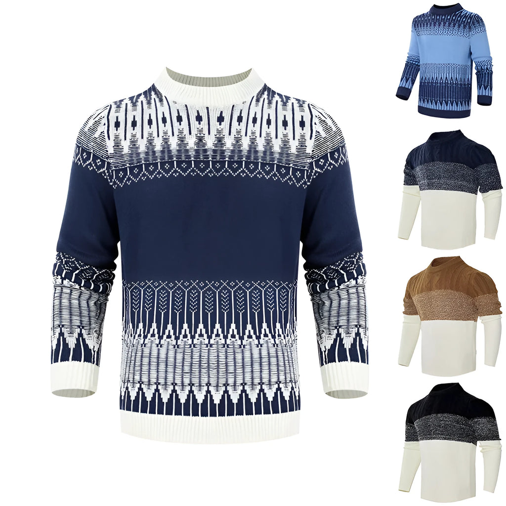 Men's crew neck knitted sweater in a long-sleeved pullover style for fall and winter.
