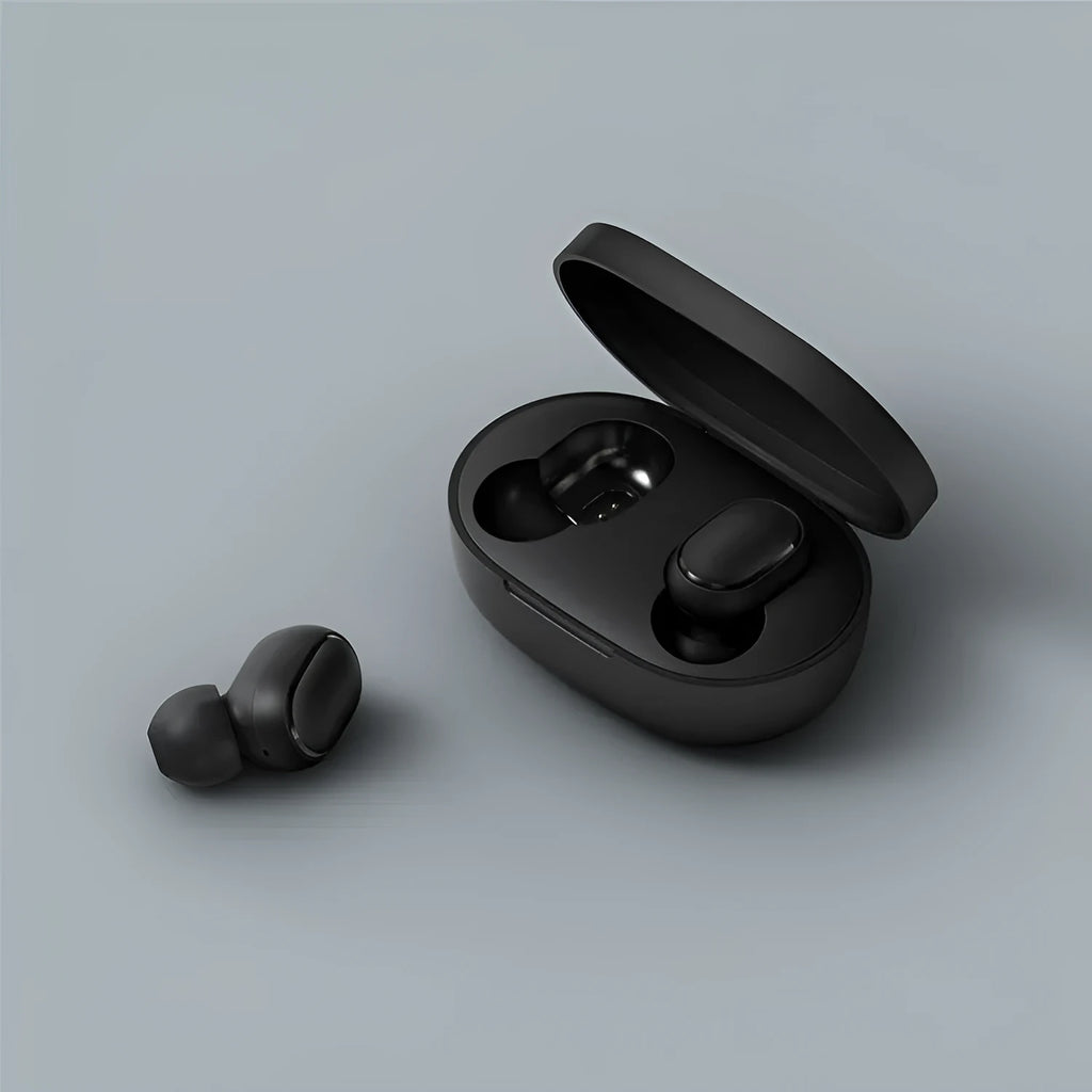 Redmi AirDots black true wireless earbuds with charging case.