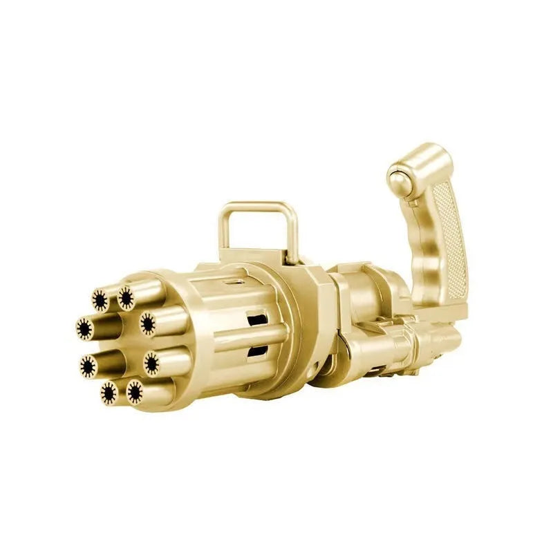 Pink bubble machine gun toy with trigger and bubble attachment on white background
