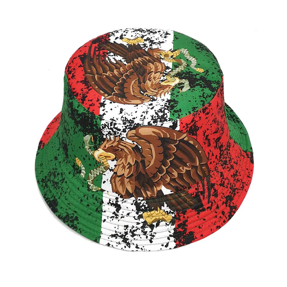 Retro-style bucket hat with an eagle pattern in polyester, showing dome crown.