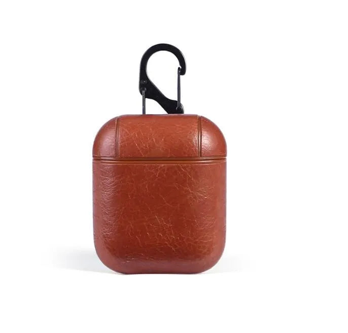 Leather protective pouch case for Apple Airpods in black, brown, light brown, and red colour options.