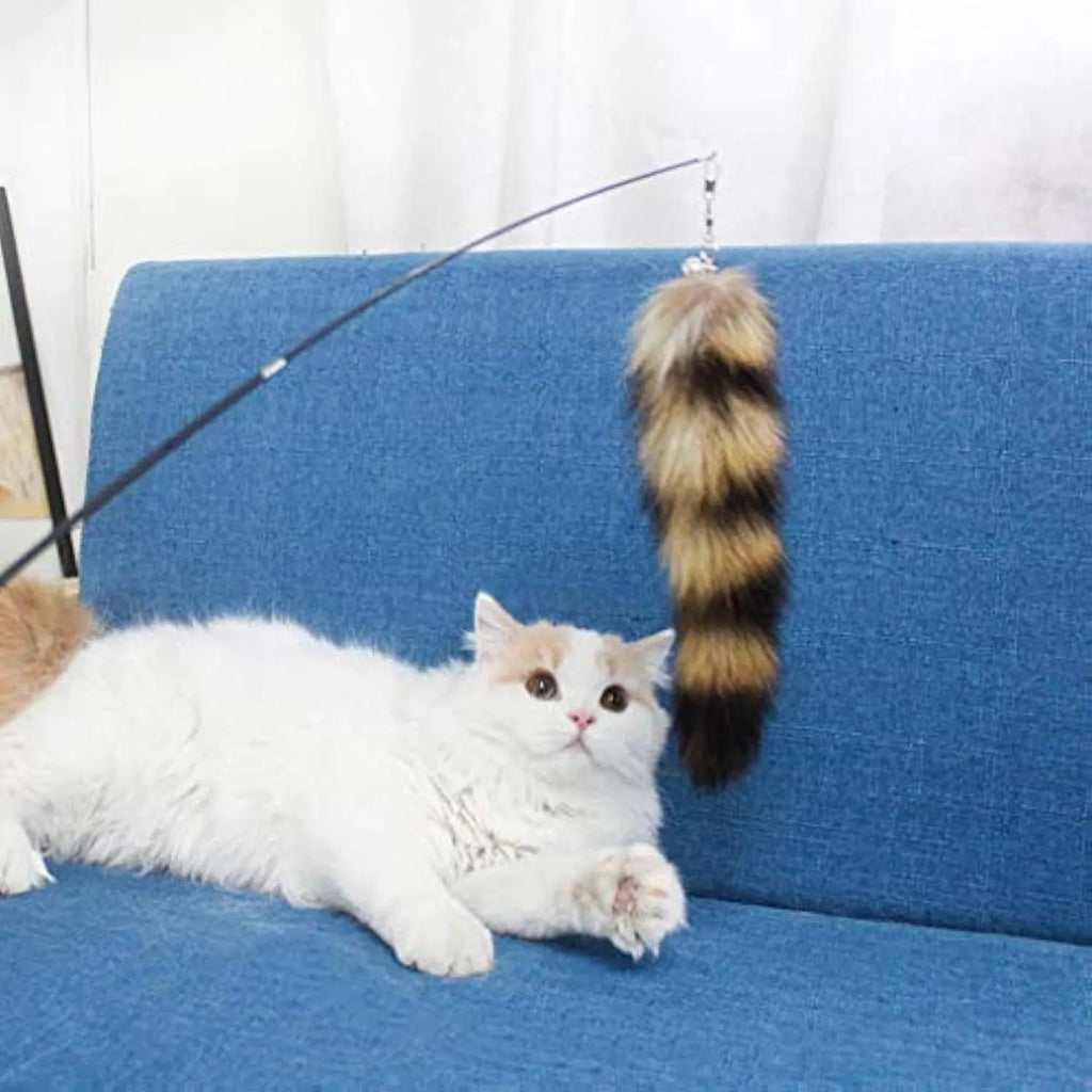 Black cat wand toy with elastic string and feather teaser, 42m length