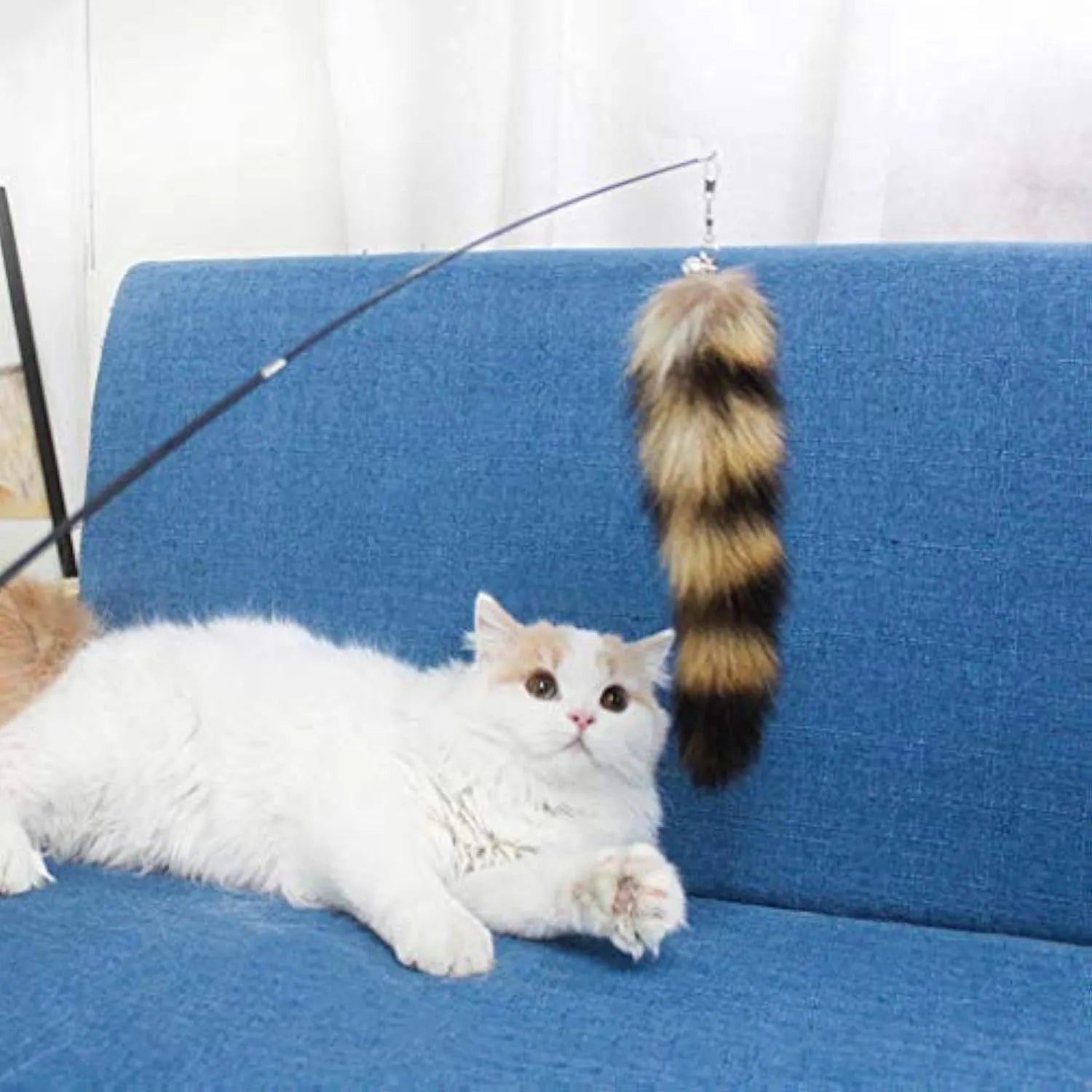 Black cat wand toy with elastic string and feather teaser, 42m length