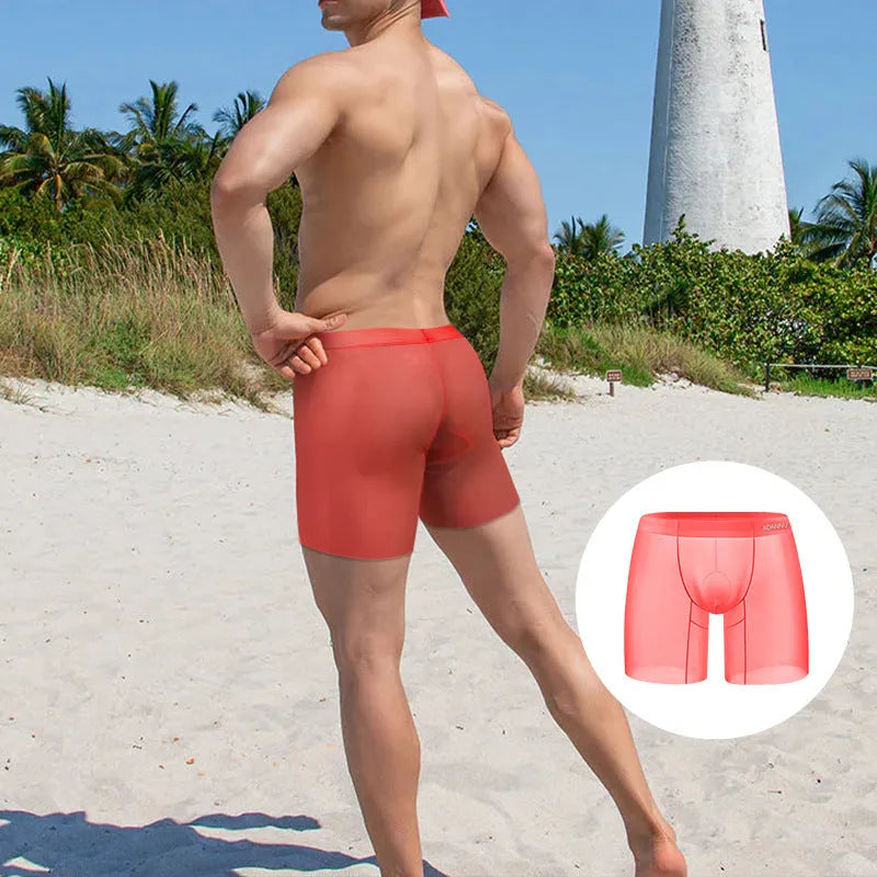 Men's breathable ice silk nylon boxers in orange, pink, or red solid colours with low-waist design