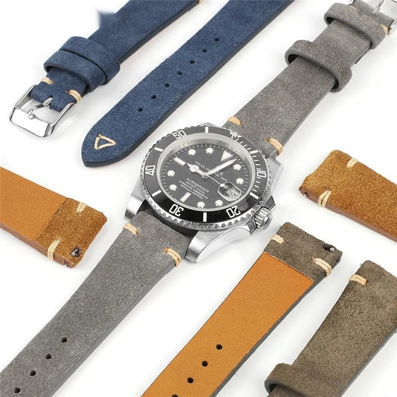 Suede genuine leather watch strap in brown, blue, grey and Army Green colours showing ethnic style design