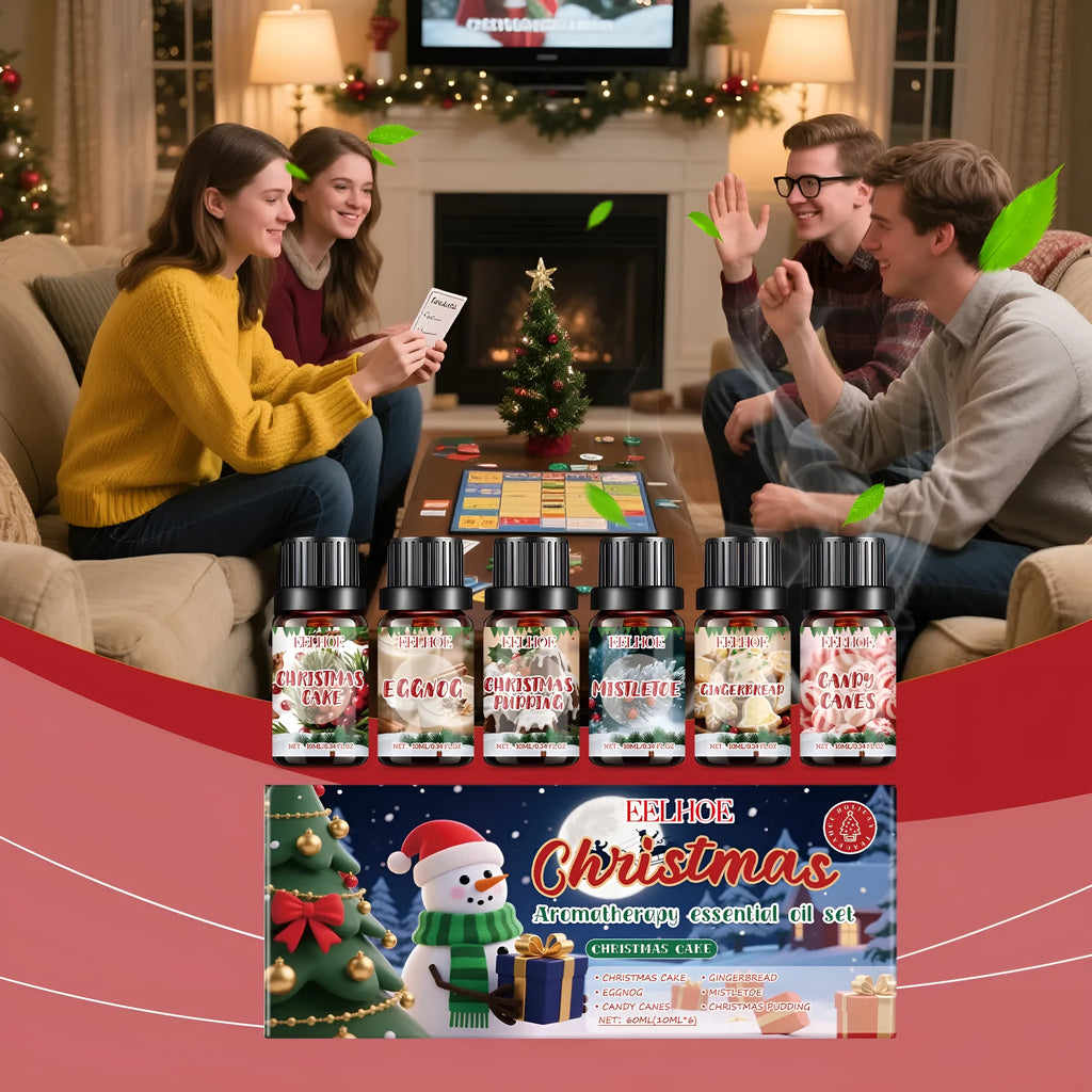 Christmas aromatherapy oil set showing six bottles of warm home scented oil