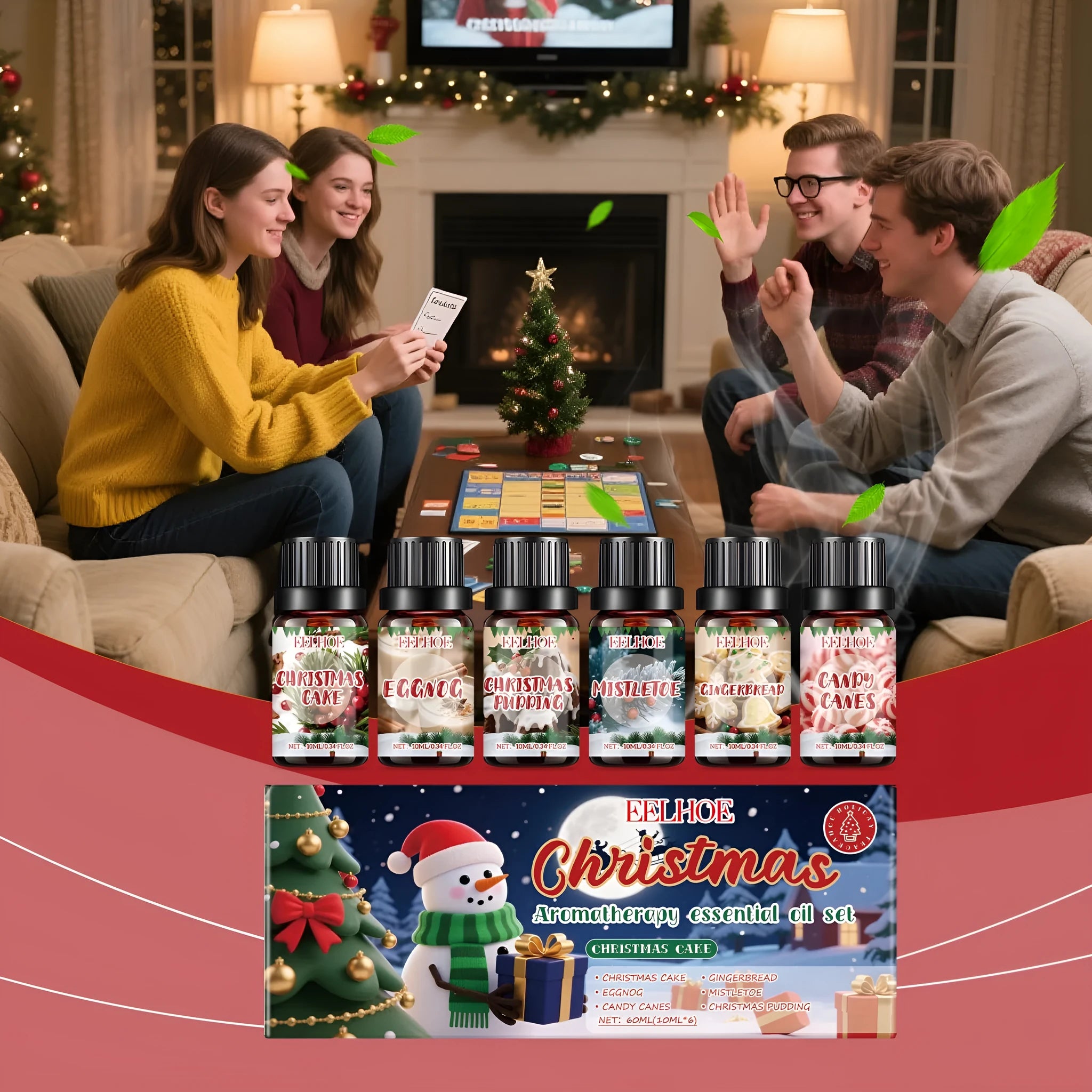 Christmas aromatherapy oil set showing six bottles of warm home scented oil