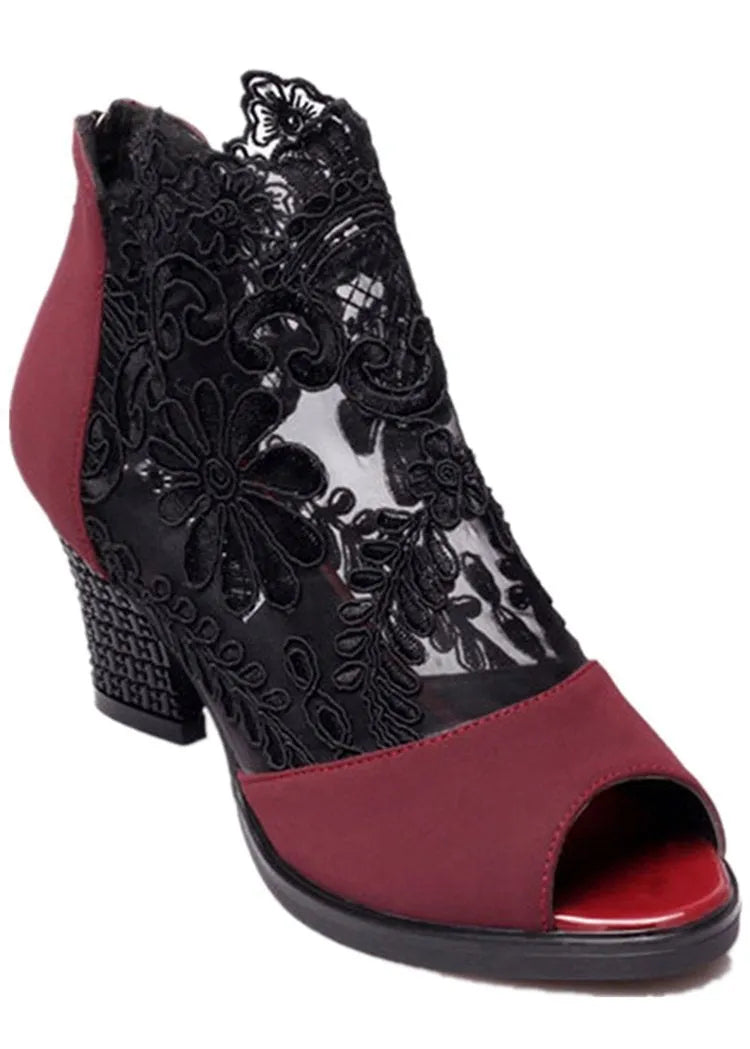 Women's black lace gladiator sandals with square heel, zip closure and peep toe