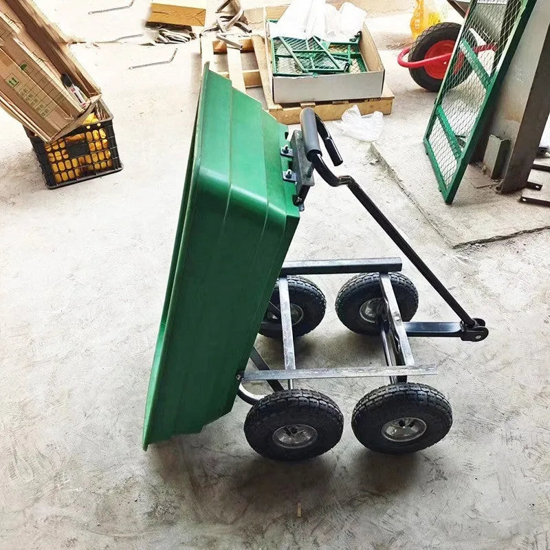 Green four-wheel plastic TC2145 dumptruck toy for kids on a white background.
