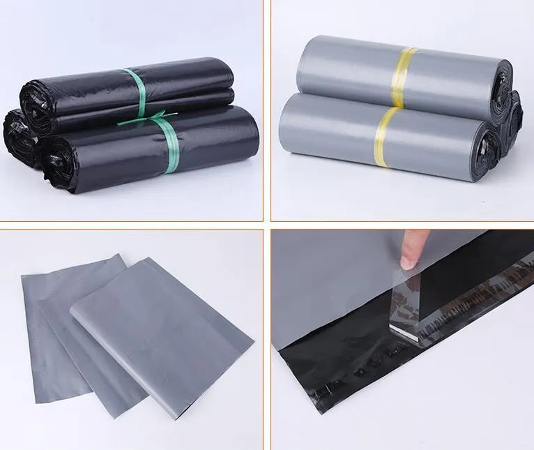Bundle of 100 clear PE plastic courier clothing bags in multiple sizes with adhesive sticker seals.