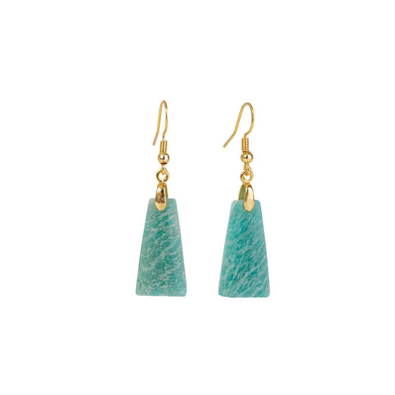 Amazonite rough stone cut trapezoid earrings in geometric design with gold or silver finish