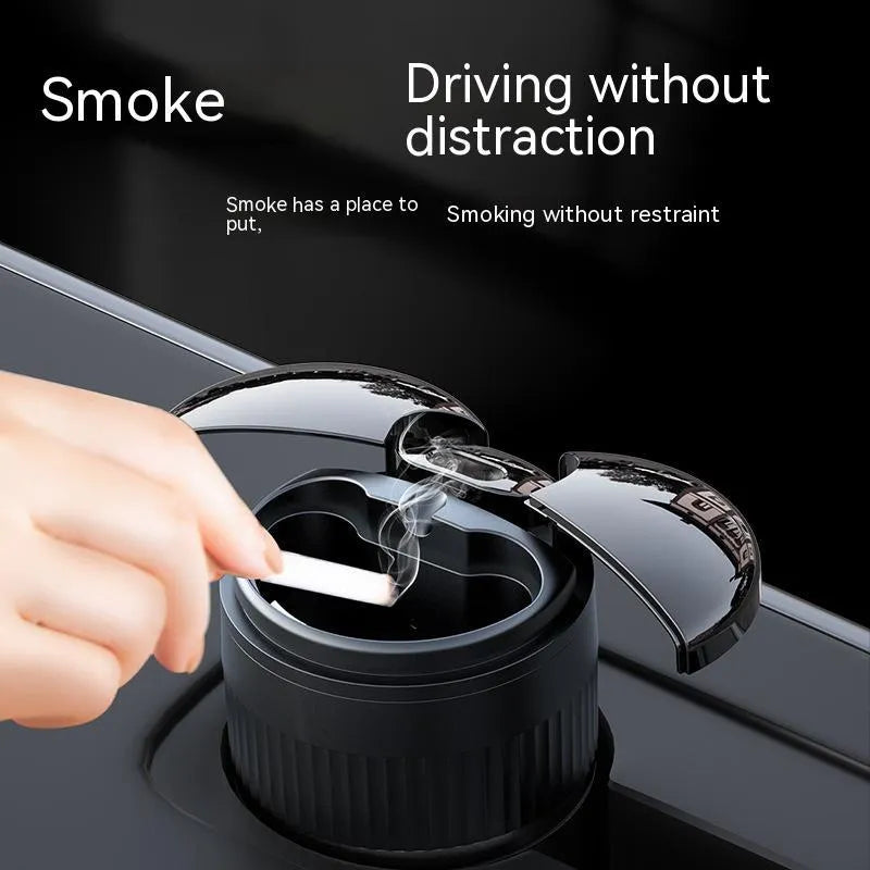 Black metal smart car ashtray with lid showing compact 113mm size