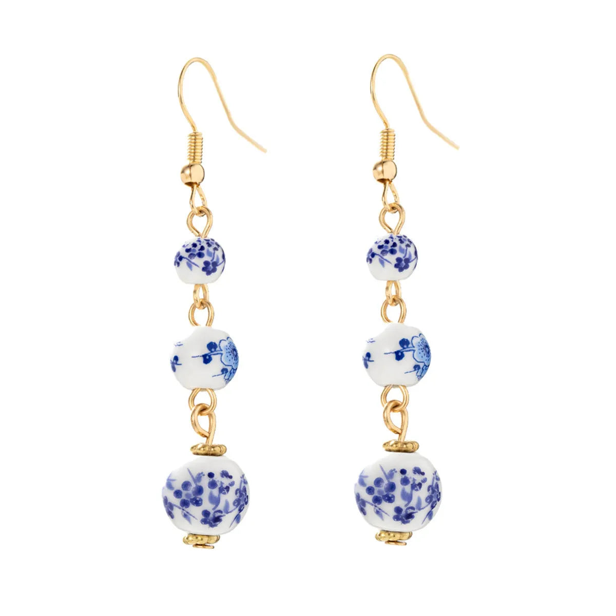 Blue and white porcelain ceramic bead retro earrings with geometric alloy components