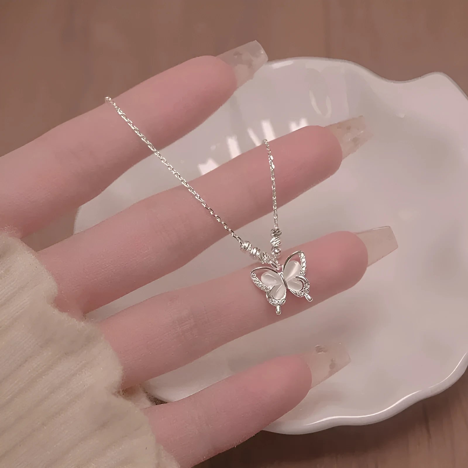 Silver butterfly necklace with opal detail on adjustable 41-50cm chain