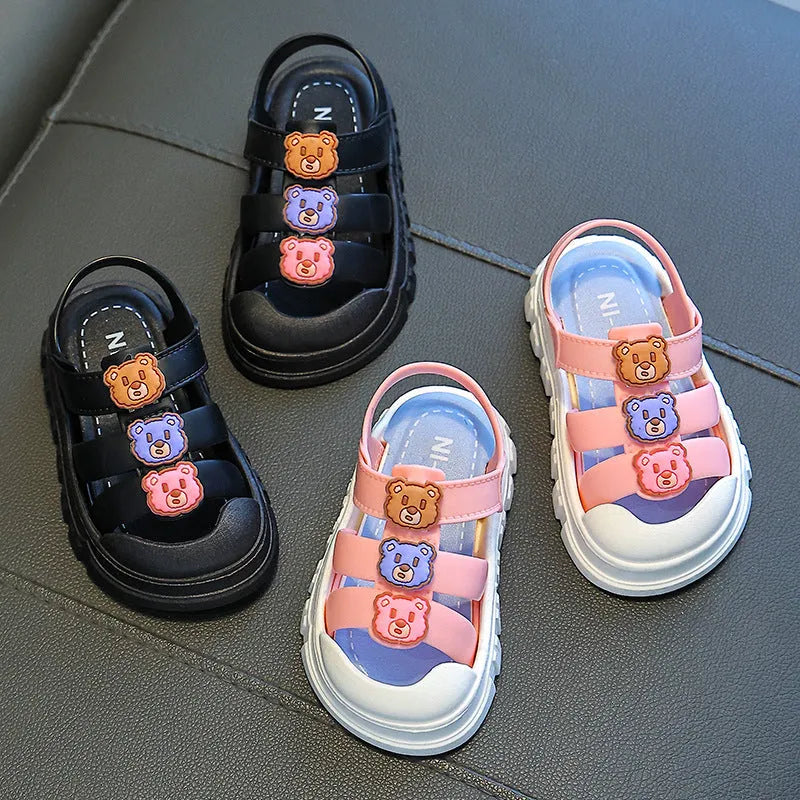 Boy baby shoes soft bottom non-slip PVC sole Velcro sandals cartoon design black