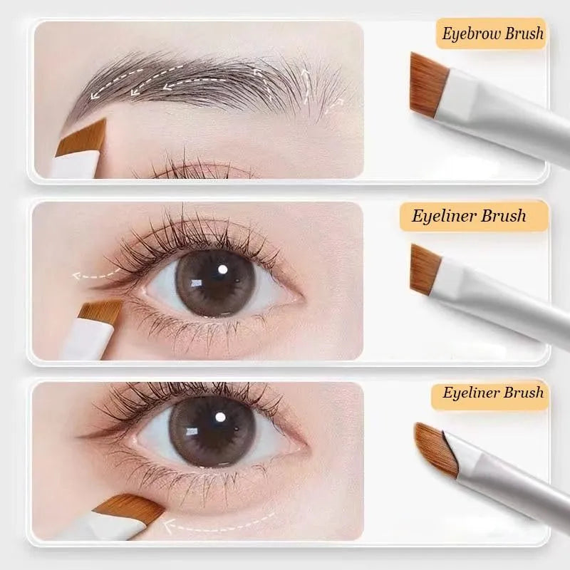 Four-piece angled eyeliner and brow brush set with ultra-thin tips and leather case for precision makeup application