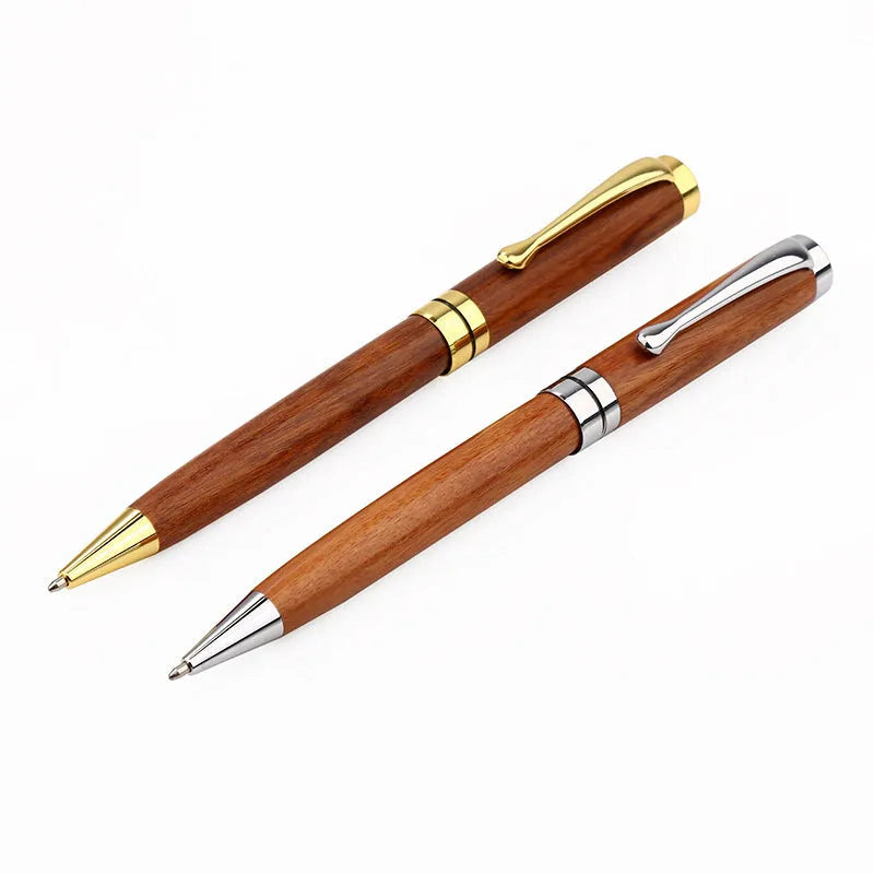 Wooden metal ballpoint pen with rosewood barrel on desk surface, 14cm length, gold colour option