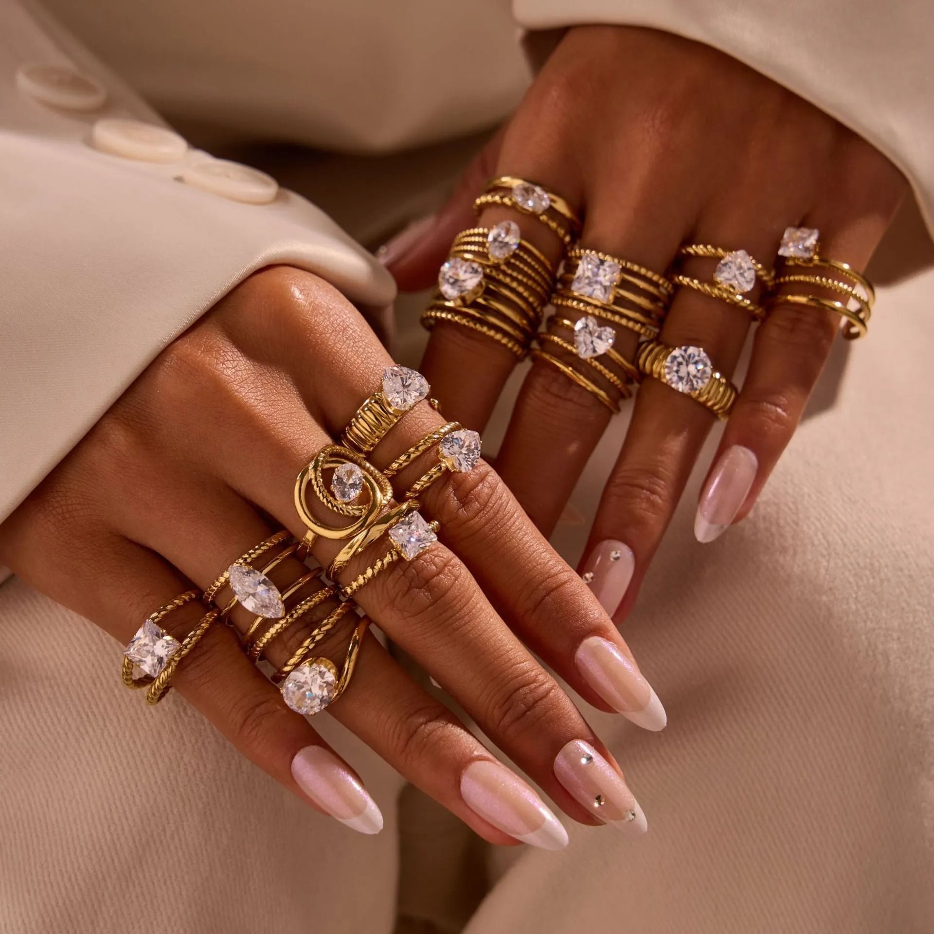 Geometric gold-electroplated stainless steel women's ring with zircon inlays and open mouth adjustable design